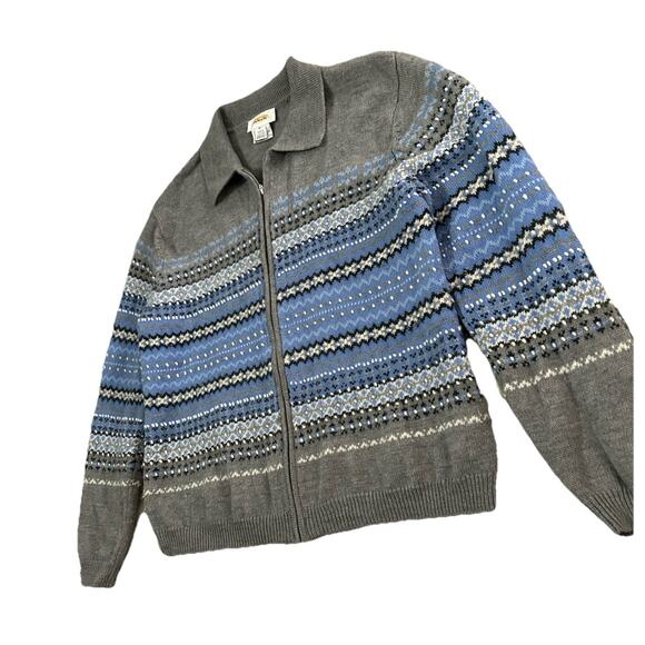 Vintage Talbots Women’s Gray Blue Fair Isle Wool Angora Knit Sweater Full Zip XL - Picture 2 of 9